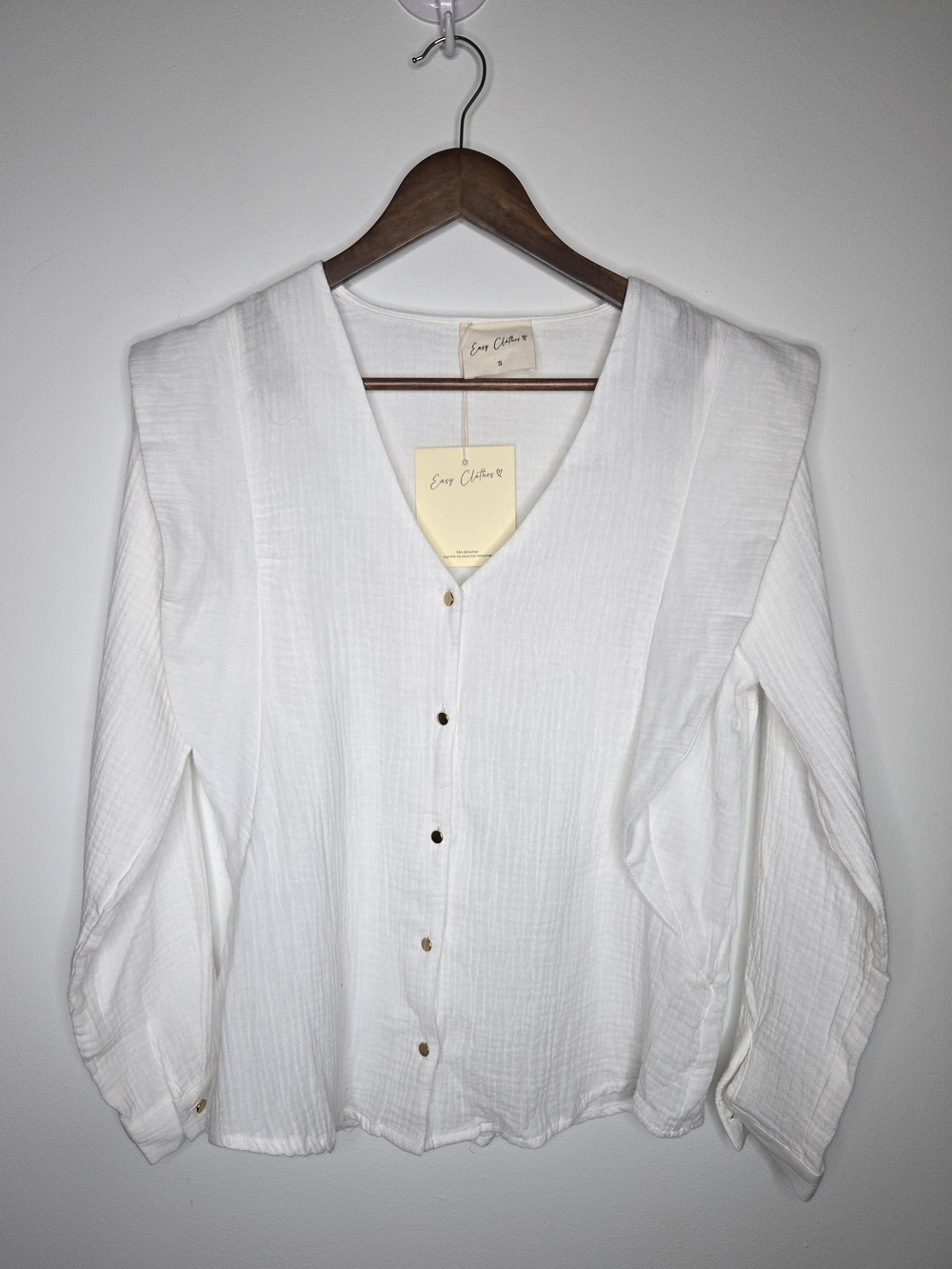 NWT Easy Clothes Paris White Athea Ruffle Cotton Gauze V-Neck Blouse Top -S